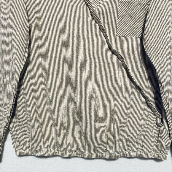 J Jill Top Womens Medium Brown Striped Faux Wrap V Neck Roll Tab Sleeves Boho - Picture 3 of 10